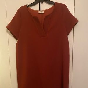 Rust colored dress with navy detail